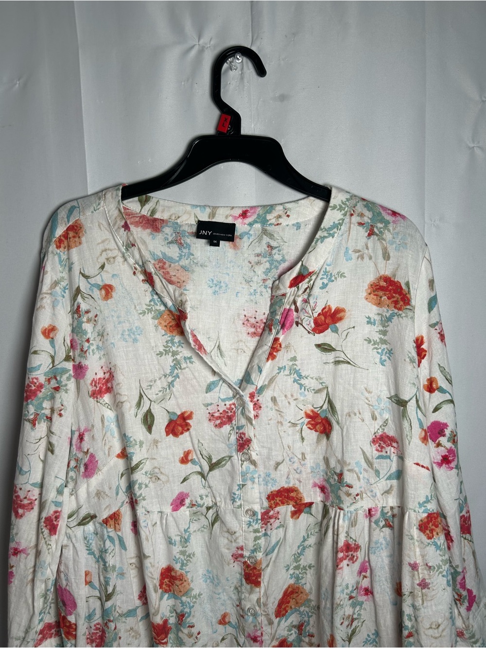 Jones New York white button down top with a vibrant red and orange floral print